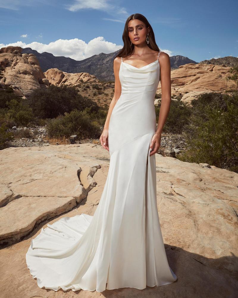 Lp2416 simple sheath wedding dress with long sleeves or spaghetti straps3